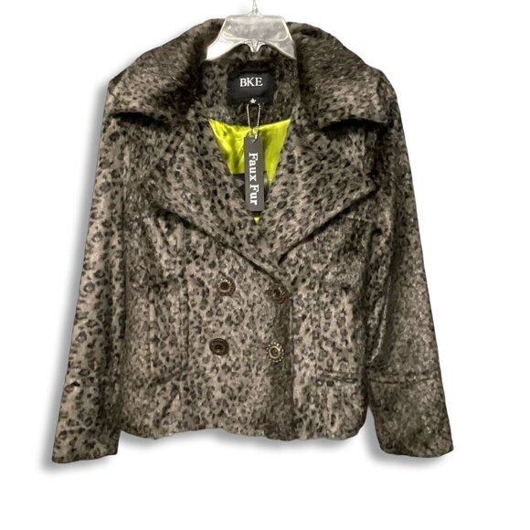 BKE Jacket Womens L Animal Print Faux Fur Gray Peacoat Double Breasted Cheetah - Picture 11 of 11